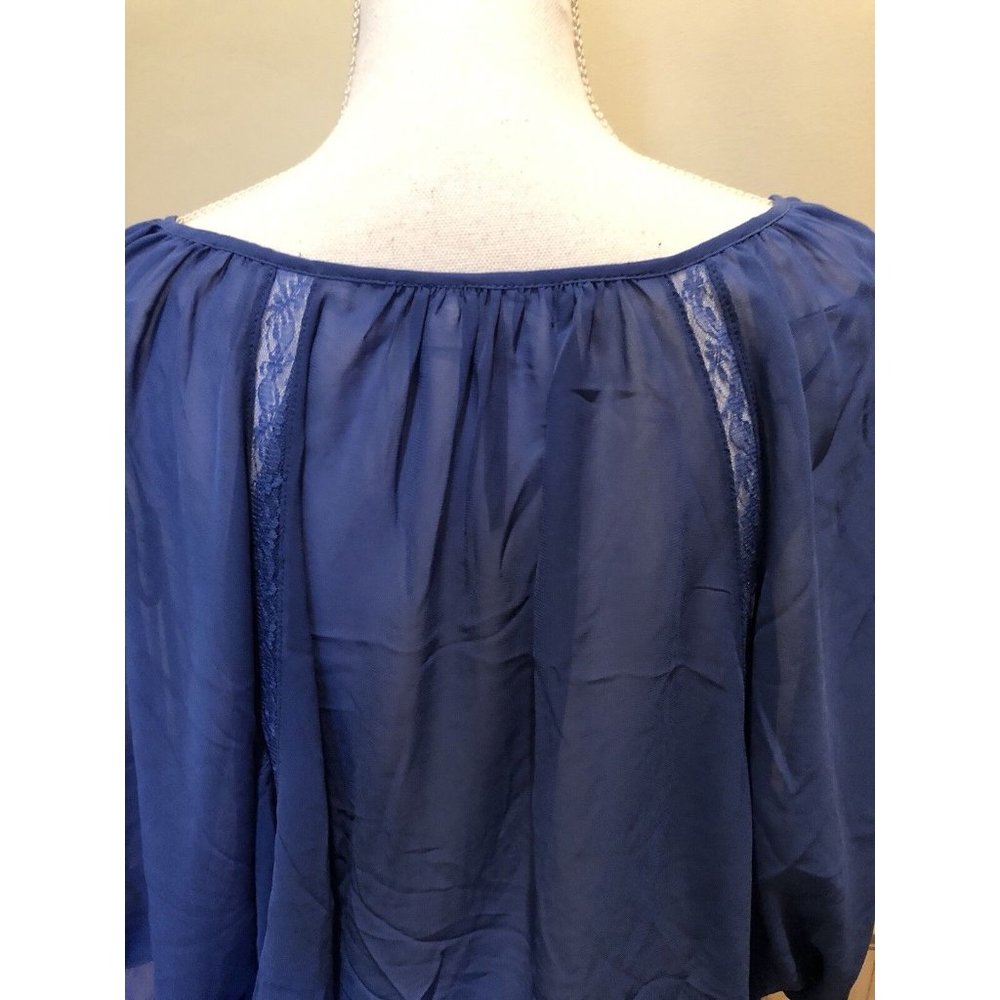 LC Lauren ~ Blue Sheer Lace Batwing Dolman Sleeve Button Front Blouse ~Size Sm. - Picture 4 of 9